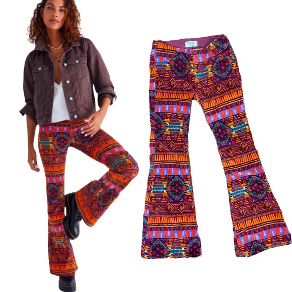 Free People Pants - Free people bellbottoms Aztec corduroy velvet stretch pull on pants size…